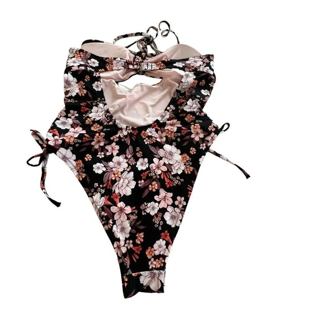 Shade and Shore Black Floral Halter Keyhole Bandeau One Piece Swimsuit